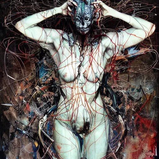 Prompt: tecno pagan god, wires antlers cybernetic implants, machine noir grimcore, in the style of adrian ghenie esao andrews jenny saville surrealism dark art by james jean takato yamamoto and by ashley wood