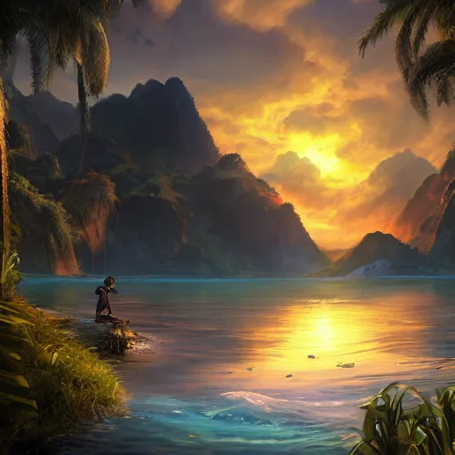 Image similar to matte painting of a beautiful lagoon from Uncharted games by Jordan Grimmer and Ken Sugimori, Trending on Artstation, digital Art, Octane Render, Pokemon anime, at dusk!!