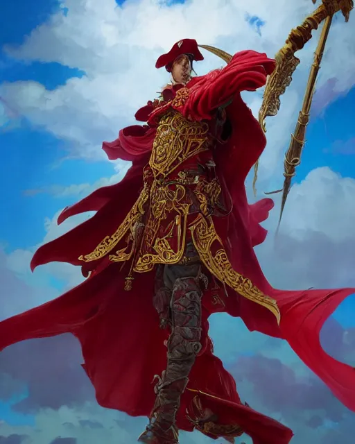 Image similar to A Full View of a Red Mage wearing magical ornate armor and a pirate hat surrounded by an epic cloudscape. Magus. Red Wizard. masterpiece 4k digital illustration by Ruan Jia and Mandy Jurgens and Artgerm and greg rutkowski and Alexander Tsaruk and WLOP and Range Murata, award winning, Artstation, art nouveau aesthetic, Alphonse Mucha background, intricate details, realistic, panoramic view, Hyperdetailed, 8k resolution, intricate art nouveau