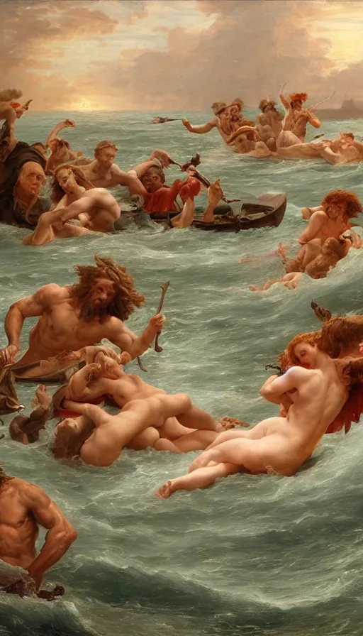 Image similar to man on boat crossing a body of water in hell with creatures in the water, sea of souls, by guillaume seignac