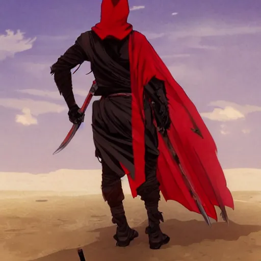 Image similar to view from the back shadow warrior holding twin swords, male villian, full body worn out torn cape, red hoodie, worn out clothes, floating spiral sand, desert, full body shot, anime style, 90's modern art, art by artgerm and greg rutkowski and alphonse mucha