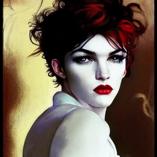 Image similar to beautiful portrait of androgynous ruby rose as desire from sandman in a white tuxedo!!!, rockabilly style,, by alphonse mucha, by jeremy mann, by peter lindbergh, dave mckean, by cedric peyravernay, white suit and black tie, soft lightning, high detailed, 8 k