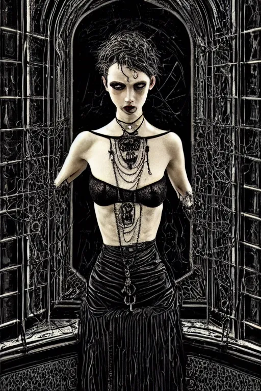 Image similar to dreamy gothic girl, black leather slim clothes, chains, windows and mirrors, beautiful body, detailed acrylic, grunge, intricate complexity, by dan mumford and by alberto giacometti, peter lindbergh