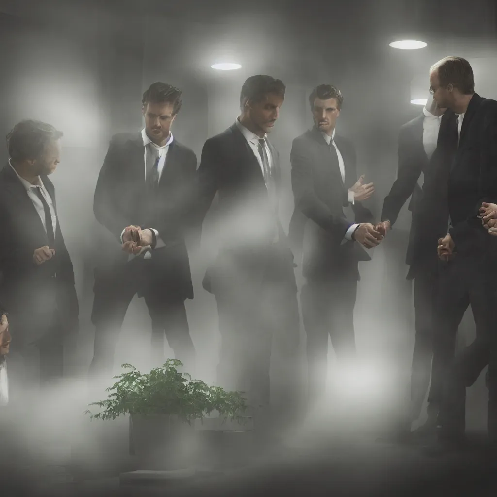 Prompt: Men in suits are in a foggy meeting room holding hands, in the middle there are stones, plants, dead organisms and garbage, broken computers and ethernet cables, cinematic light, very detailed, wide shot, chiaroscuro, mystery, in the style of michael mann