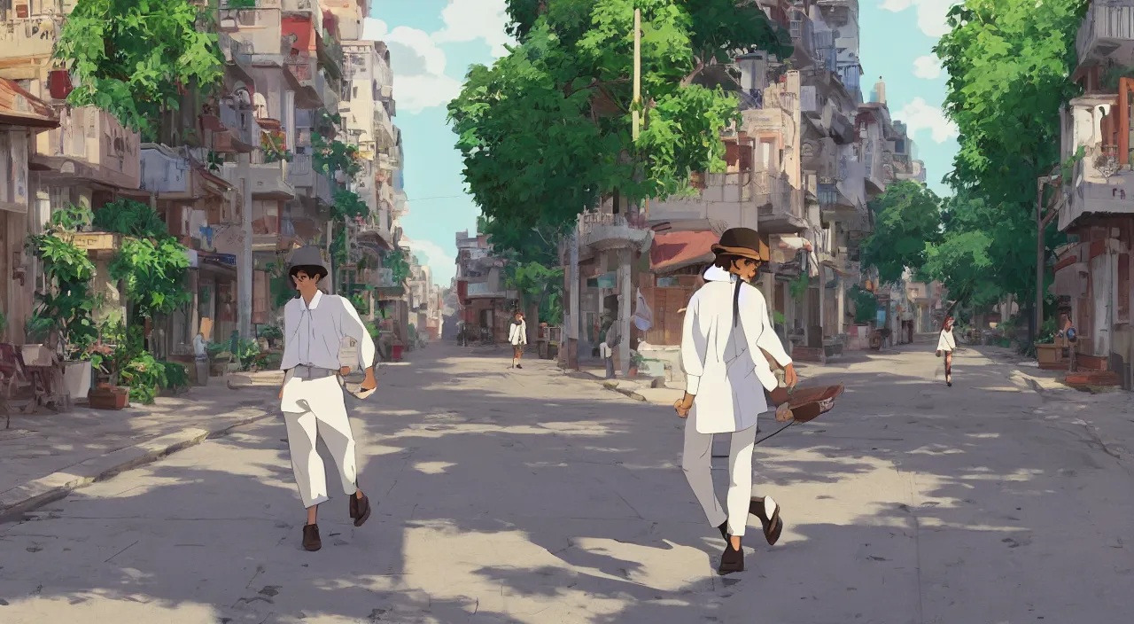 Prompt: a young man wearing a canotier cuban hat, crisp white linen shirt and slacks, leather boots, walking in a havanese stree in 1 9 0 0, genndy tartakovsky, atey ghailan, goro fujita, studio ghibli, rim light, mid morning lighting, clear focus, very coherent