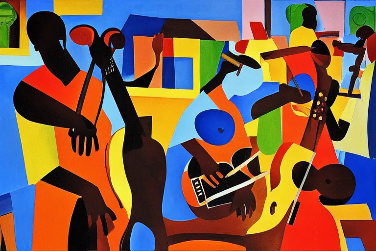 Prompt: a painting of a group of men playing instruments, an ultrafine detailed painting by romare bearden, behance, black arts movement, artwork, fauvism, academic art