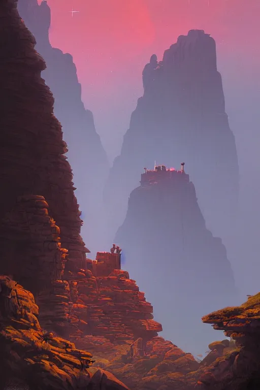 Image similar to ancient temple on a rocky cliff in a canyon, shooting stars in the night sky, dramatic lighting, artstation, matte painting, ralph mcquarrie, simon stalenhag