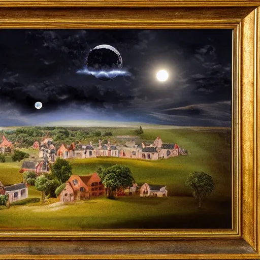 Image similar to dark solar eclipse, above a village, highly detailed, studio 4 k quality, by constable john