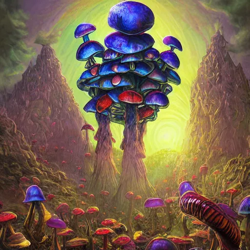 Image similar to 4 k headshot portrait of a psychedelic demonic anthropomorphic insect knight with mushroom themed clothes, magic mushroom village in background by jeff easley, award winning, stylized neon, post - processing, masterpiece, superb resolution. in the art style of junji ito and greg rutkowski. detailed mushroom city in background. hyper realistic anime. perfect art. dalle 2