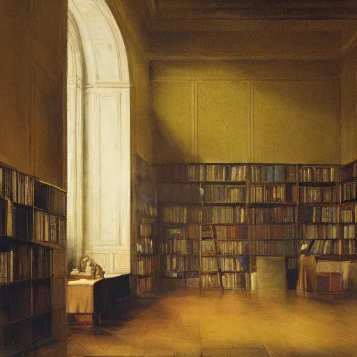 Prompt: painting of an empty dishelved studying room with yellow light from above, books scattered, highly detailed, intricate, dark colors, j. m. w turner, 8 k, intricate, dramatic lighting