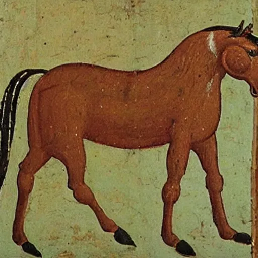 Prompt: medieval painting of a horse by someone who does not know what a horse looks like.