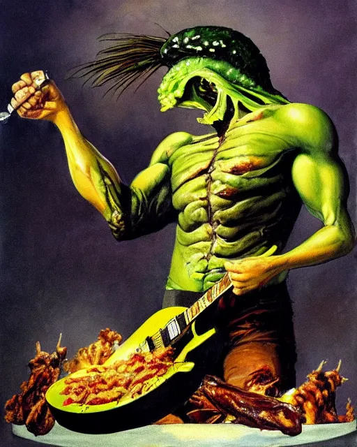 Image similar to Nikocado Avocado ripping a solo on a Gibson Les Paul in front of a mountain of deep fried turkey legs, heavy metal artwork by Frank Frazetta