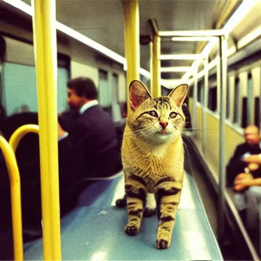 Prompt: photo of a businessman cat riding a subway train, 1 9 7 0 colour photography