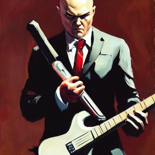 Image similar to agent 4 7 from hitman using a guitar as a weapon, by gregory manchess, james gurney, james jean