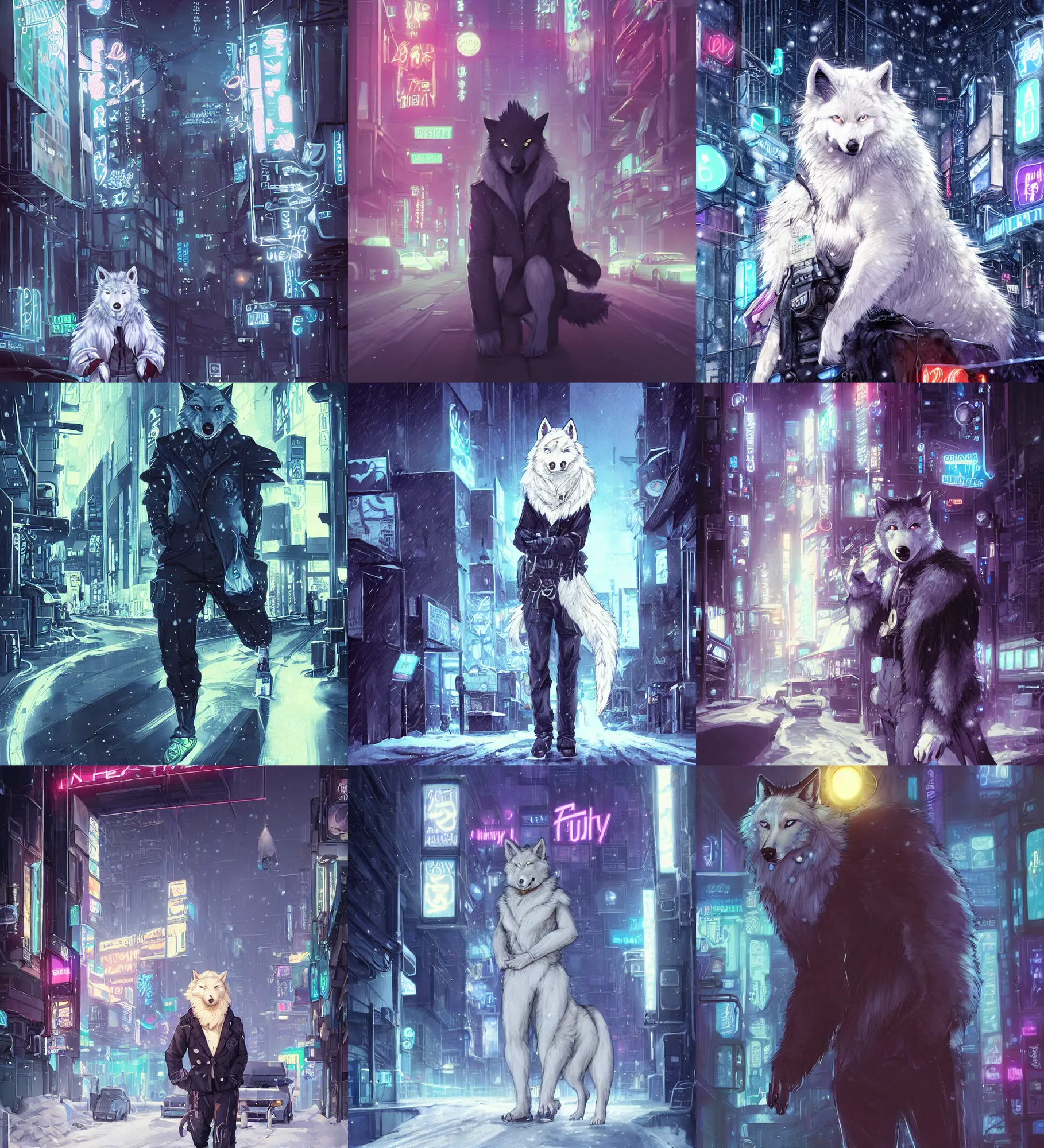 Prompt: beautiful furry art portrait commission of a male furry albino wolf fursona wearing a police detective uniform in the streets of a cyberpunk city at night in the snow. neon signs. character design by charlie bowater, ross tran, artgerm, and makoto shinkai, detailed, inked, western comic book art