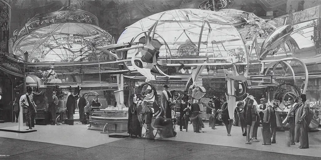 Image similar to futuristic invention display at the worlds fair, 1 9 0 0 s photograph