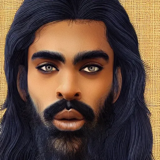 Image similar to prince with a beard and long hair, dark skin, Arabic, highly detailed, hyperrealistic