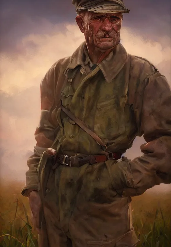 Image similar to a portrait of a rough male farmer in world war 2, 1 9 4 0 setting, vivid colors, soft lighting, atmospheric, cinematic, moody, in the style of ilya kuvshinov and range murata, krenz cushart, rule of thirds, oil on canvas, 8 k