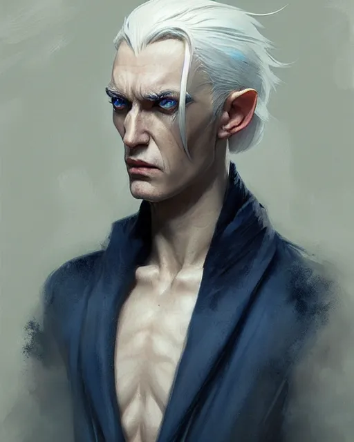 Image similar to character portrait of a slender half - elven man with white hair and blue eyes, by greg rutkowski, mark brookes, jim burns, tom bagshaw, trending on artstation