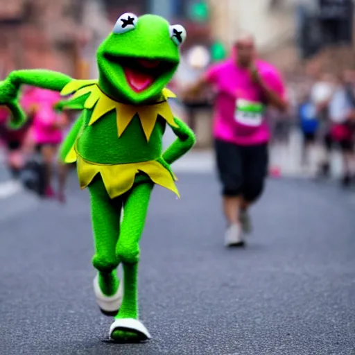 Image similar to Kermit the frog running a marathon photo 4k hd