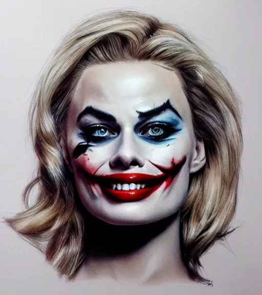 Image similar to margot robbie portrait with joker makeup, pencil drawing, realistic face, beautiful eyes, smiling, hyper realistic, highly detailed