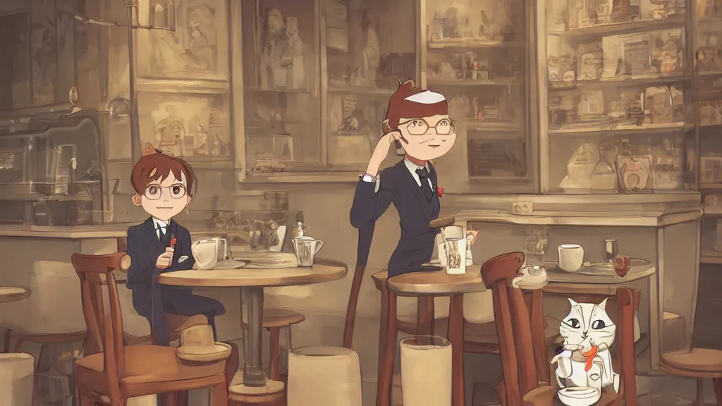 Prompt: a highly detailed portait of a cute little anthropomorphic cat barista wearing a suit in a parisian coffee shop by studio ghibli, tiny, small, cute and adorable, pretty, beautiful, character art portrait, matte painting, Artstation