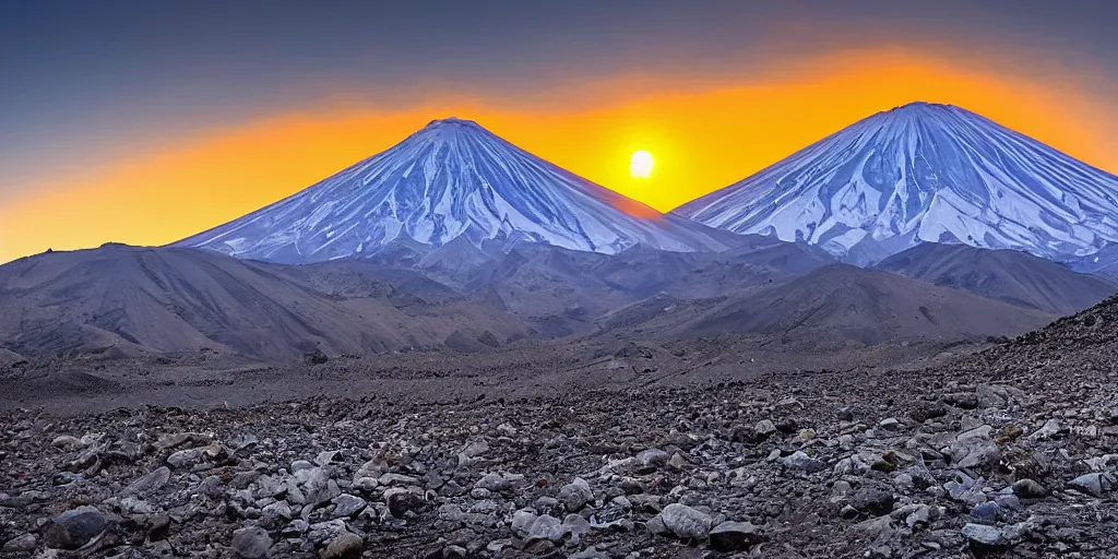 Prompt: damavand mountain in the morning with an orange sun in sky, national geography photo, professional photography