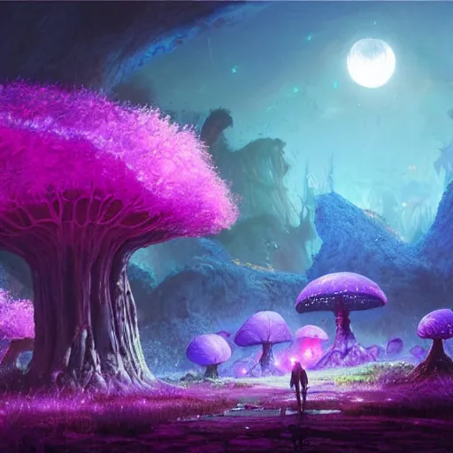 Image similar to concept art painting of a fantasy alien fungal landscape at night, magenta trees, glowing blue mushrooms, dark purple sky, realistic, detailed, cel shaded, in the style of makoto shinkai and greg rutkowski and albert bierstadt and james gurney