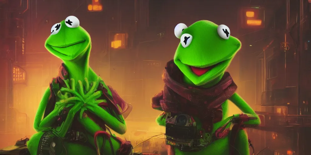 Prompt: Kermit the Frog in a cyberpunk world, bright colourful lights surrounding him, Kermit is wearing a cute hat, hyperdetailed, artstation, cgsociety, 8k