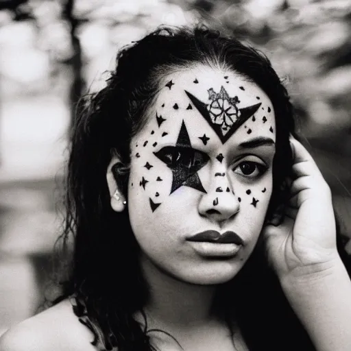 Image similar to beautiful young latino woman with gutterpunk pen ink face tattoos at golden hour, black & white, stars in background, cinematic diane arbus, leica s, 5 0 mm, fuji 8 0 0, grainy, low light