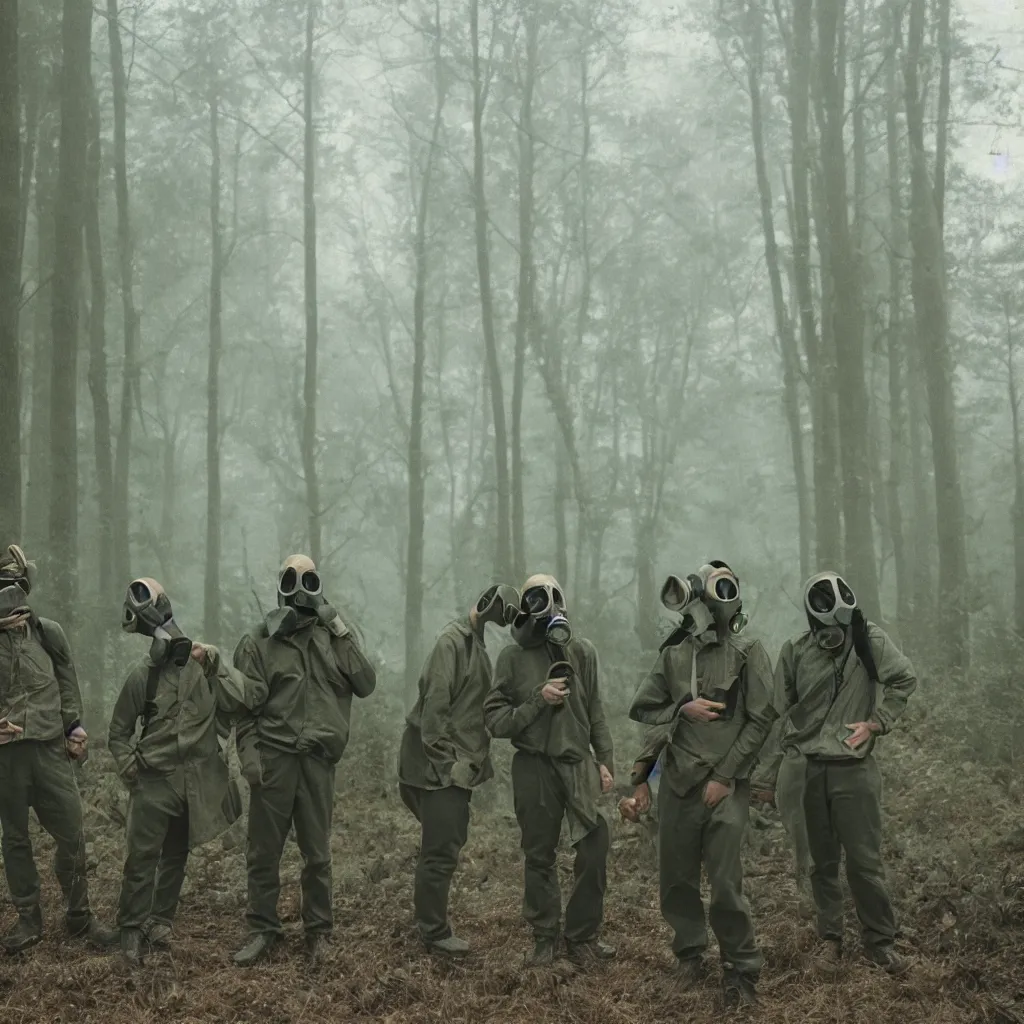 Image similar to high realistic photo portrait group of men with gas masks in a foggy forest, cinestill 800t 35mm, heavy grain, high quality