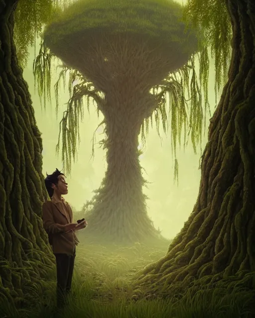 Image similar to highly detailed surreal vfx portrait of a cursed object in a shadowy forest by a willow tree, stephen bliss, unreal engine, greg rutkowski, loish, rhads, beeple, makoto shinkai and lois van baarle, ilya kuvshinov, rossdraws, tom bagshaw, alphonse mucha, global illumination, detailed and intricate environment