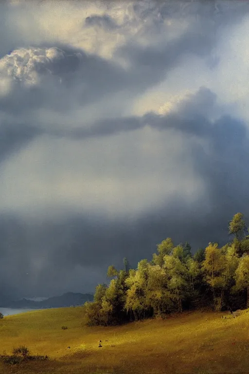 Image similar to mammatus pileus clouds over a summer landscape in the swiss alps forest and lake, arkhip kuindzhi