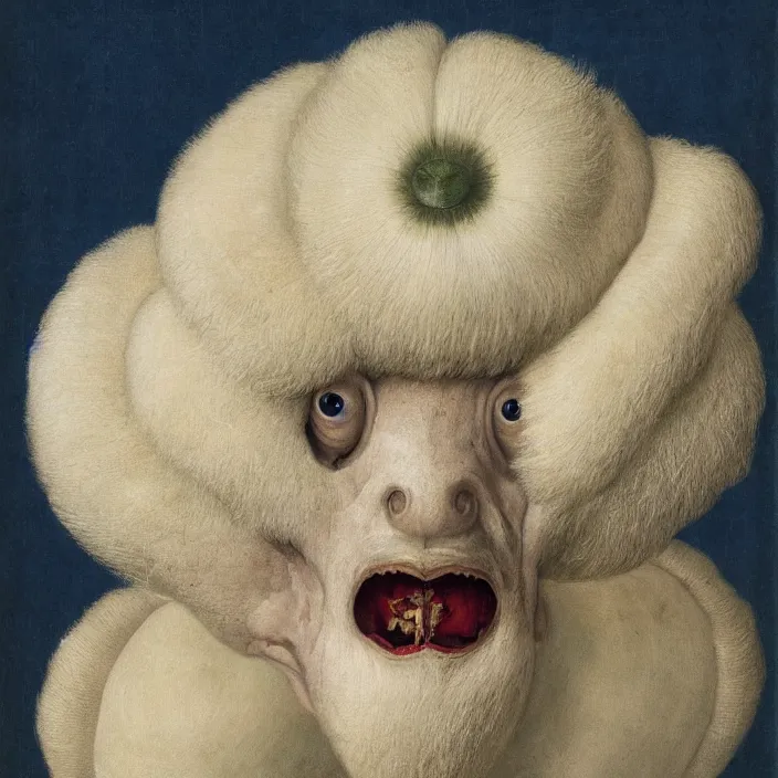 Image similar to close up portrait of a mutant monster creature with white fluffy moth pouf, exotic lily ears, delicate blue conch corns, snout. by jan van eyck, walton ford