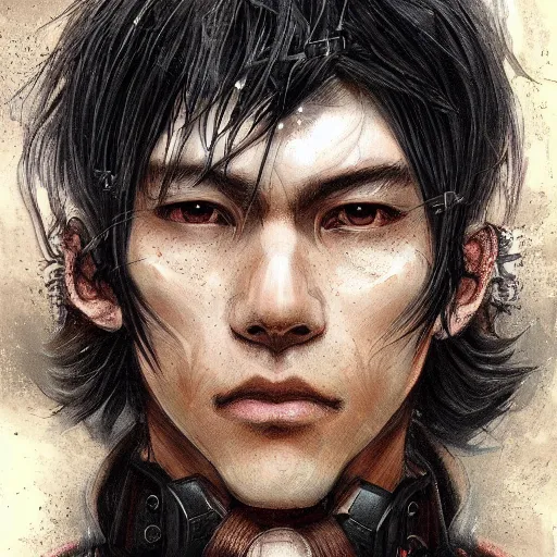 Image similar to portrait of a man by ayami kojima, japanese, he is about 2 0 years old, black short hair with bangs, he is wearing a steampunk tactical gear, highly detailed portrait, digital painting, artstation, concept art, smooth, sharp foccus ilustration, artstation hq