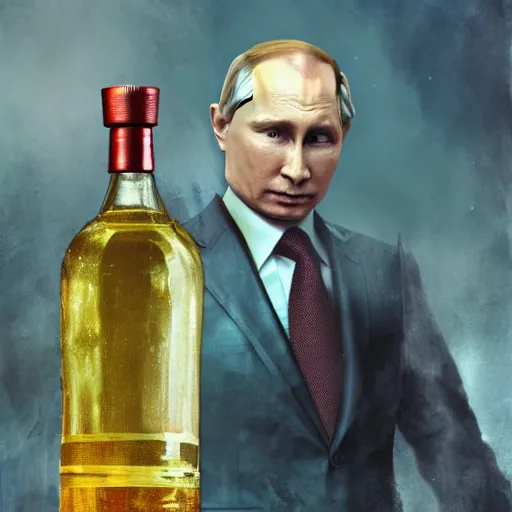 Image similar to putin holding a bottle of alcohol with the text arak, cinematic, beautiful digital painting, hyper detailed