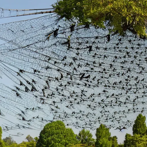 Prompt: a horde of dragonflies using cables to lift a tank