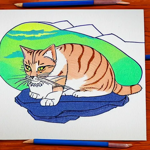 Prompt: giant cute tabby cat sleeping on top of mt fuji, studio ghibli style, pastel colours, clean line art