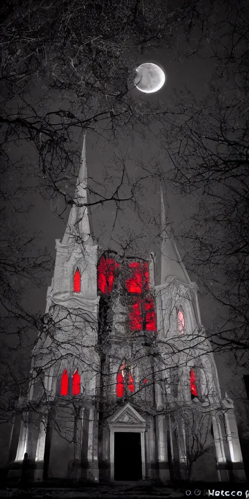 Image similar to satanic church with a red lighting of the interior illuminated by the moon : : ultra mystic : : cinematic