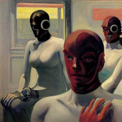 Image similar to cyborgs by edward hopper