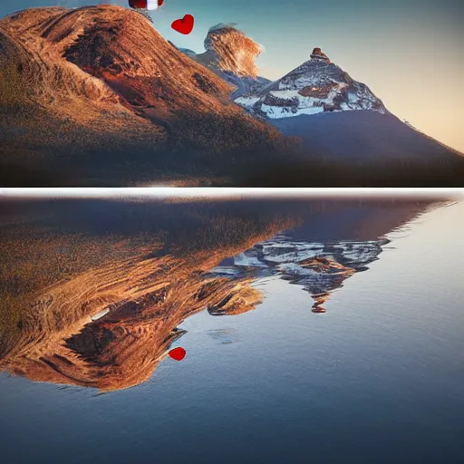 Image similar to realistic extremely detailed photo of a hot air balloon flying above a beautiful reflective mountain lake, two black swans swimming in the lake, touching heads, forming a heart with their necks, granular detail, oil on canvas, intricate, portrait, 8k highly professionally detailed, HDR, CGsociety, octane render, 4k, f32,55mm photography, wide angle