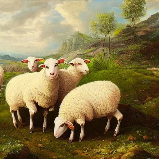 Image similar to three sheep in a wonderful nature scene, beautiful, intricate, hyper detailed, painting