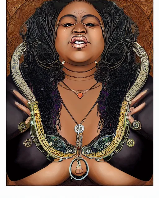 Image similar to a detailed portrait illustration of a steampunk sorceress - laywer. beautiful obese black female face, very dark skin. art nouveau, pop art, comic book style. influenced by neil gaiman, h. p. lovecraft, dan mumford, brian froud, kehinde wiley, killian eng, ross tran.