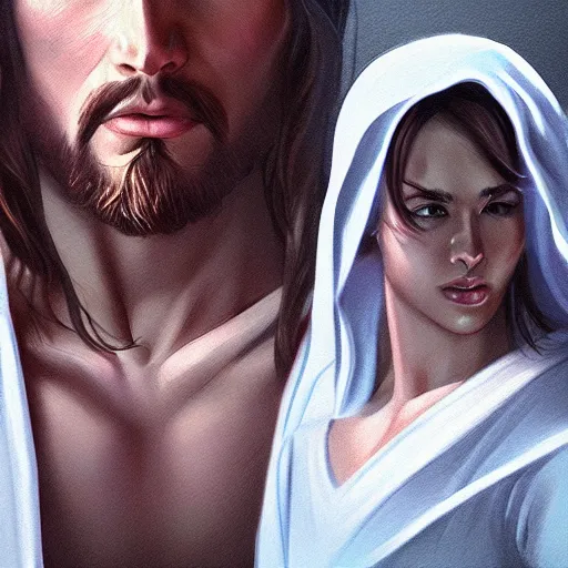 Prompt: jesus christ in a white robe ; character art ; digital art ; by artgerm ; gta v