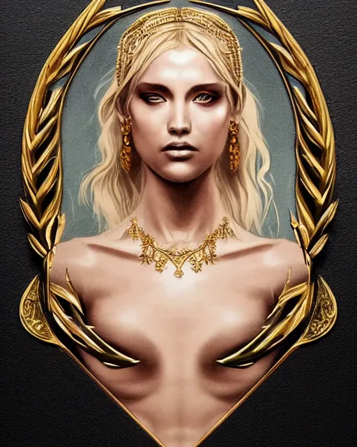 Image similar to tattoo design sketch of hot blonde super model as aphrodite greek goddess wearing a gold laurel wreath and triangle earrings, beautiful piercing gaze with sharp pupils, in the style of greg rutkowski, fantasy, amazing detail, epic, elegant, smooth, sharp focus, front view