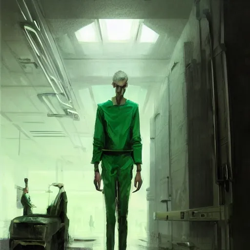 Image similar to concept art by greg rutkowski, a very tall and slender young man, dressed in green patient clothes and an open sweatshirt, wandering through a desolate futuristic hospital, dimly lit, frightening, scifi, highly detailed portrait, digital painting, artstation, concept art, smooth, sharp foccus ilustration, artstation hq