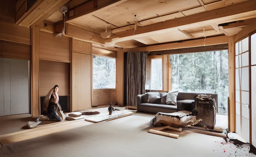 Prompt: luxurious wooden cottage by rockwell group, modern japanese living room murder scene robot woman with knife blood spattered walls actual footage, japanese wabi - sabi arrangements, coherent composition, architectural photography