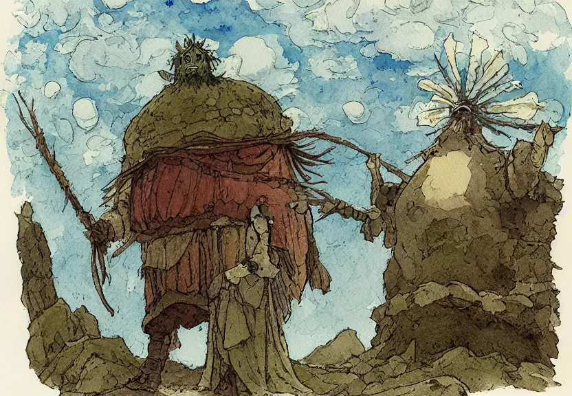 Image similar to a simple watercolor studio ghibli movie still fantasy concept art of a giant shaman from howl's moving castle ( 2 0 0 4 ) on the moors of ireland. it is a misty starry night. by rebecca guay, michael kaluta, charles vess
