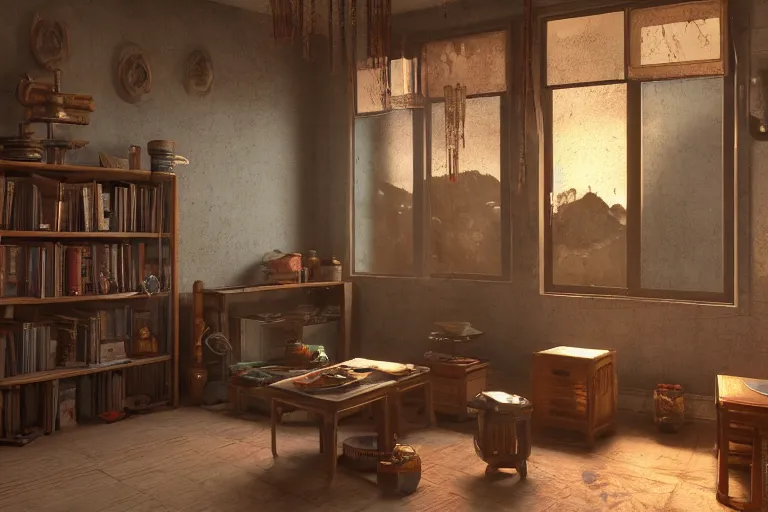 Image similar to artstation scifi scene of a shabby chinese rural room, earth kang, wooden bookcase, a small lotus shrine, in winter paneled walls, unreal engine 5, hyper realism, realistic shading, cinematic composition, blender render, octane render, hdr, detailed textures, photorealistic, wide shot