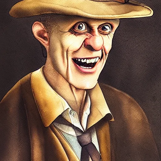 Image similar to portrait of inspector gadget manically laughing, it is evening, the mood of the picture is dark and menacing, watercolor ,hyper detailed, hyper realistic, by Leonardo da Vinci